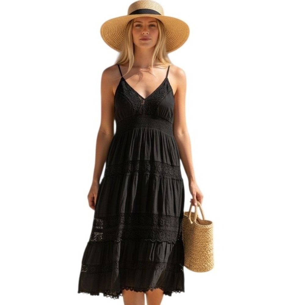 Babydoll Crochet Beach Resortwear Womens size Large Smocked Tiered Summer Dress
